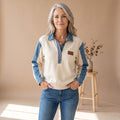 Women's Denim-Panel Button-Placket Collared Sweatshirt - Blue