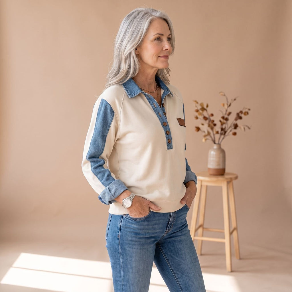 Women's Denim-Panel Button-Placket Collared Sweatshirt