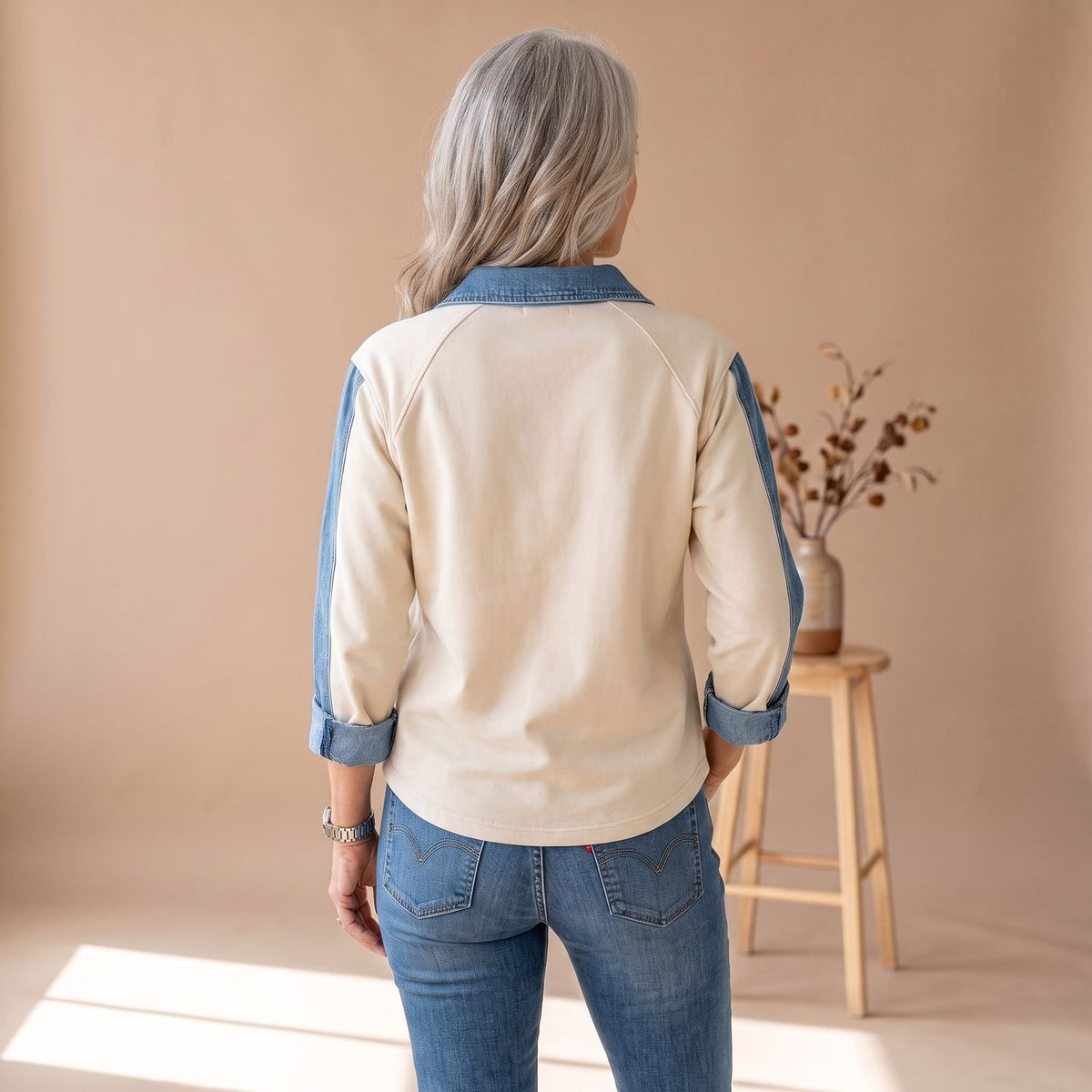 Women's Denim-Panel Button-Placket Collared Sweatshirt