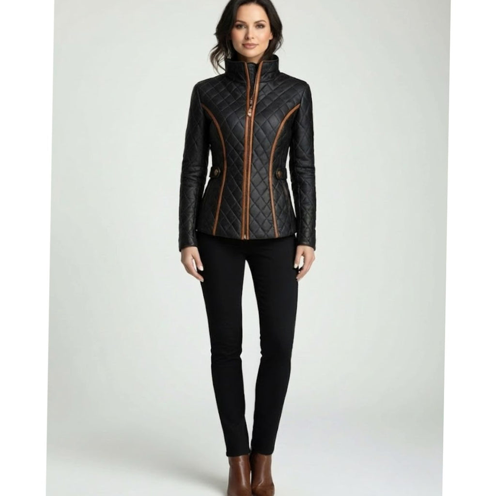 Women's Diamond-Quilted Zip-Up Faux Leather Jacket