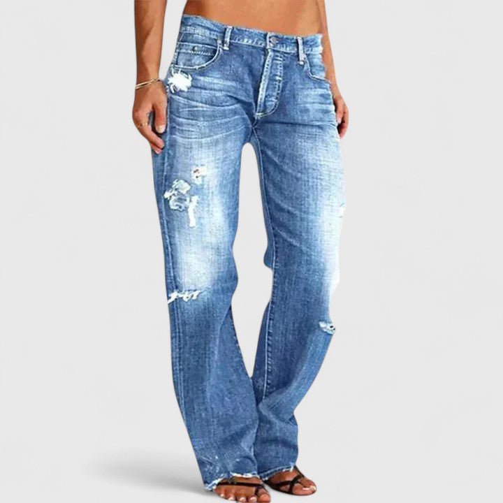 Women's Distressed Denim Jeans Mid Rise Loose Fit Straight Leg - Blue