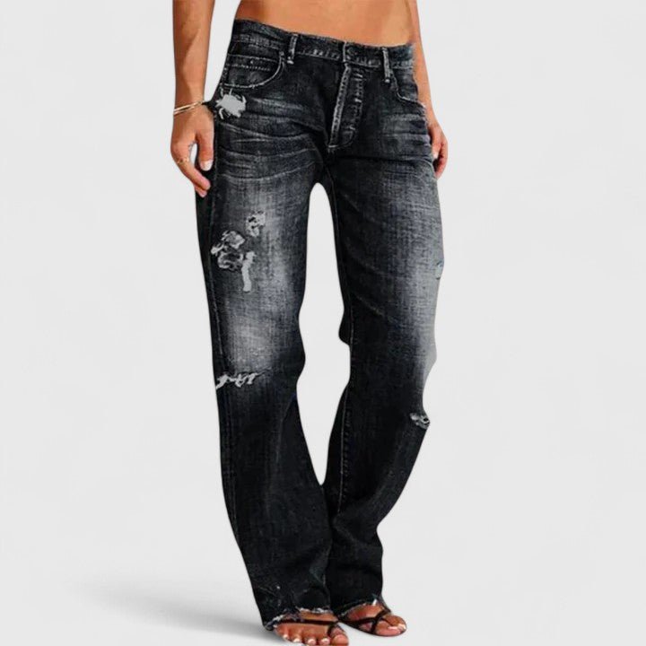 Women's Distressed Denim Jeans Mid Rise Loose Fit Straight Leg - Black