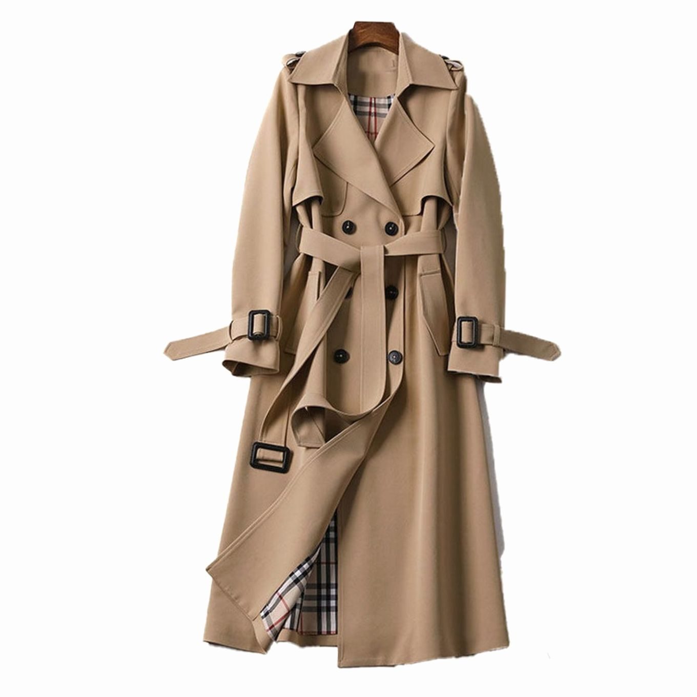 Women's Double-Breasted Belted Long Trench Coat - Beige