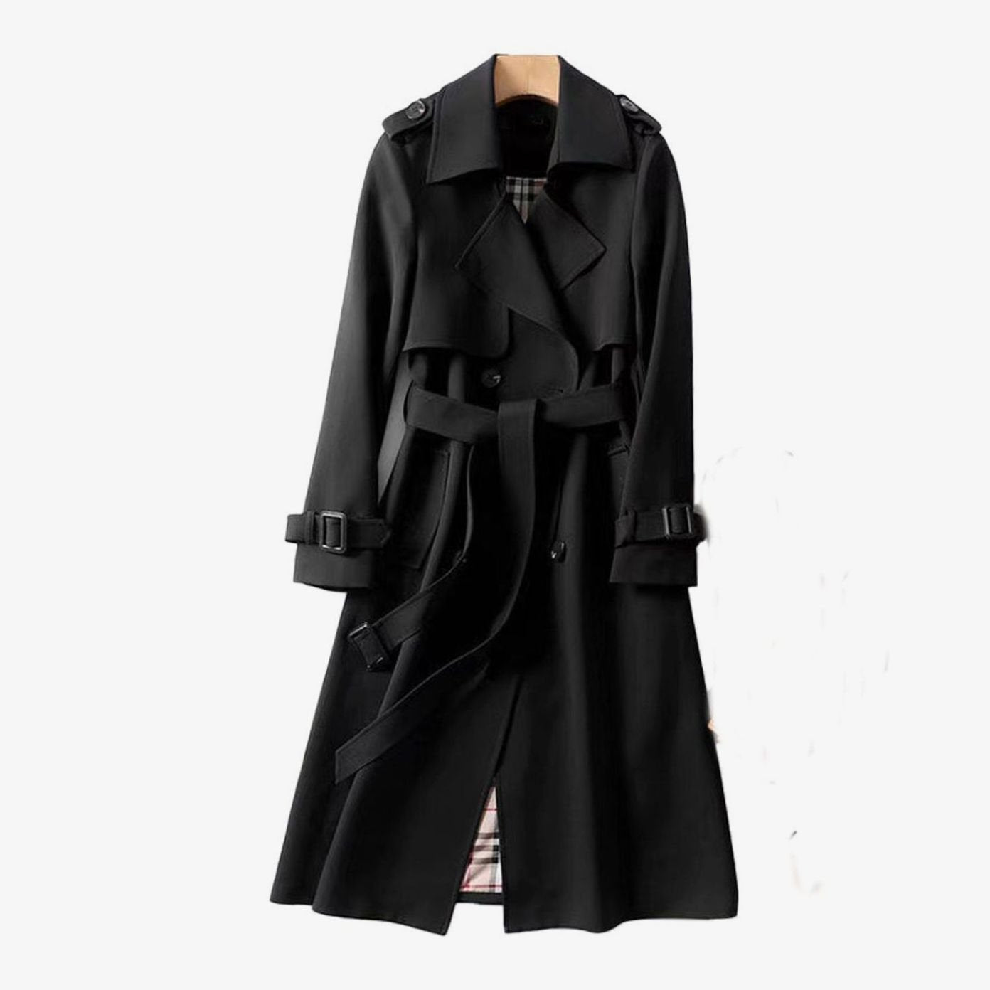Women's Double-Breasted Belted Long Trench Coat - Black