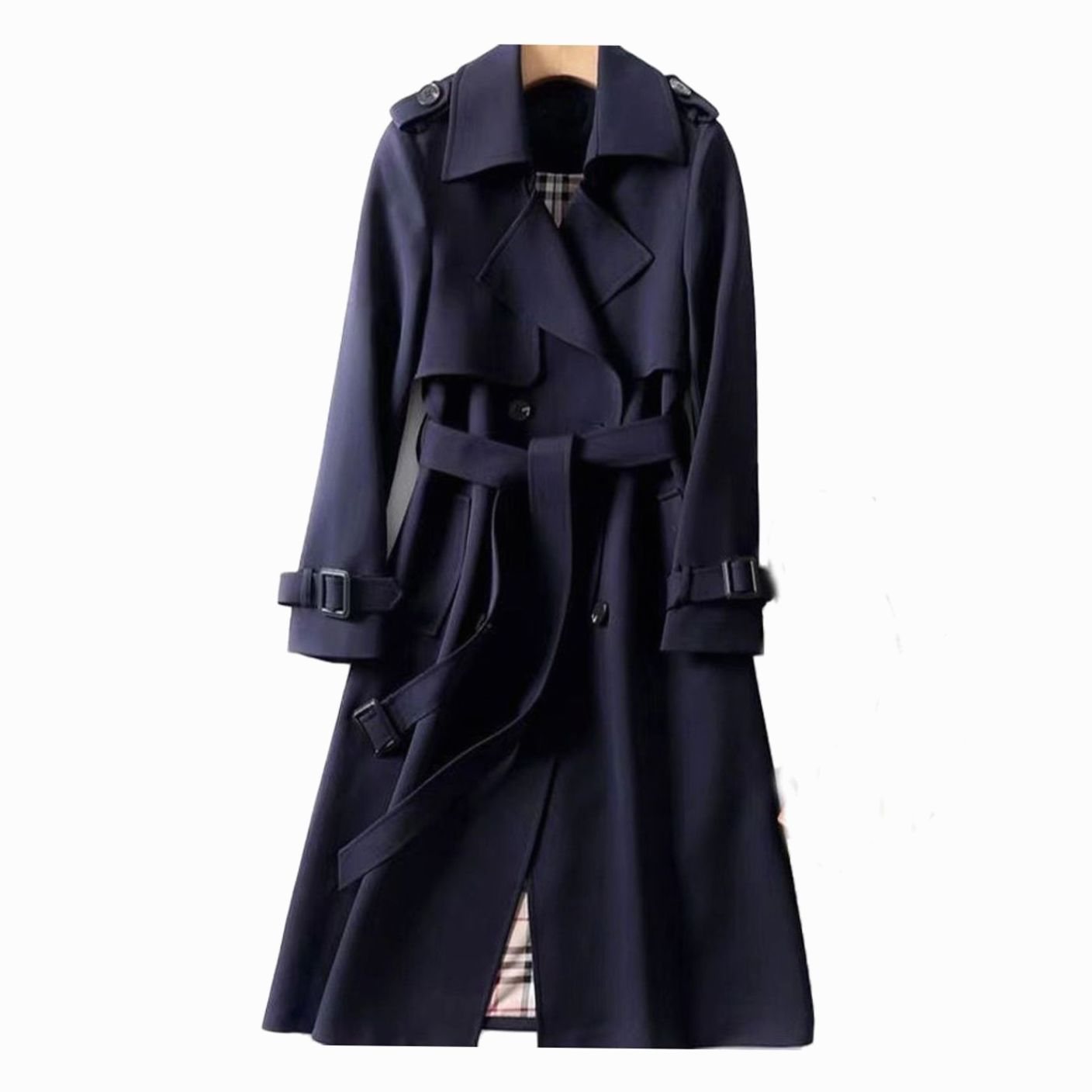 Women's Double-Breasted Belted Long Trench Coat - Navy