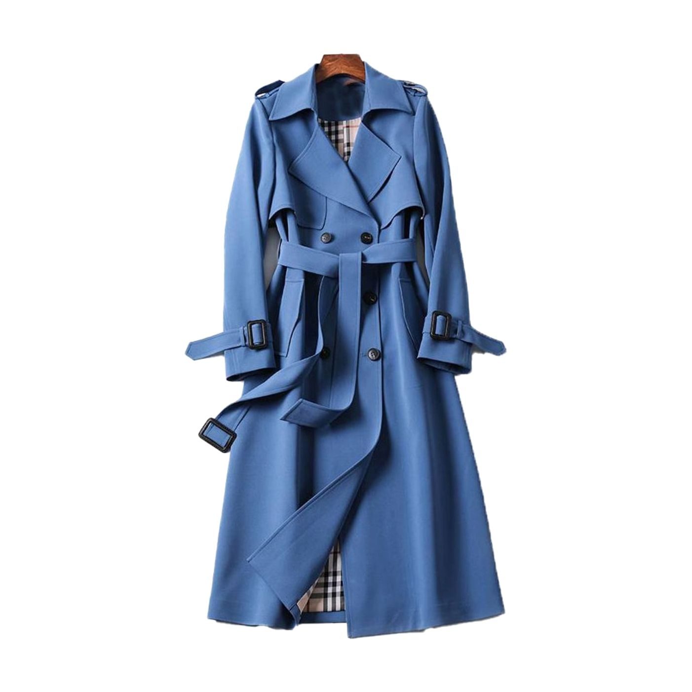 Women's Double-Breasted Belted Long Trench Coat - Blue