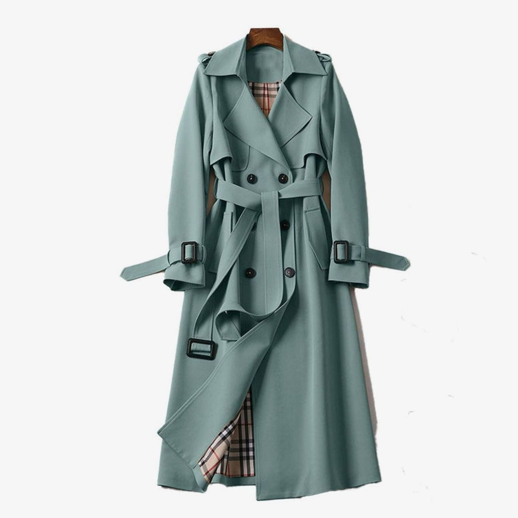 Women's Double-Breasted Belted Long Trench Coat - Green