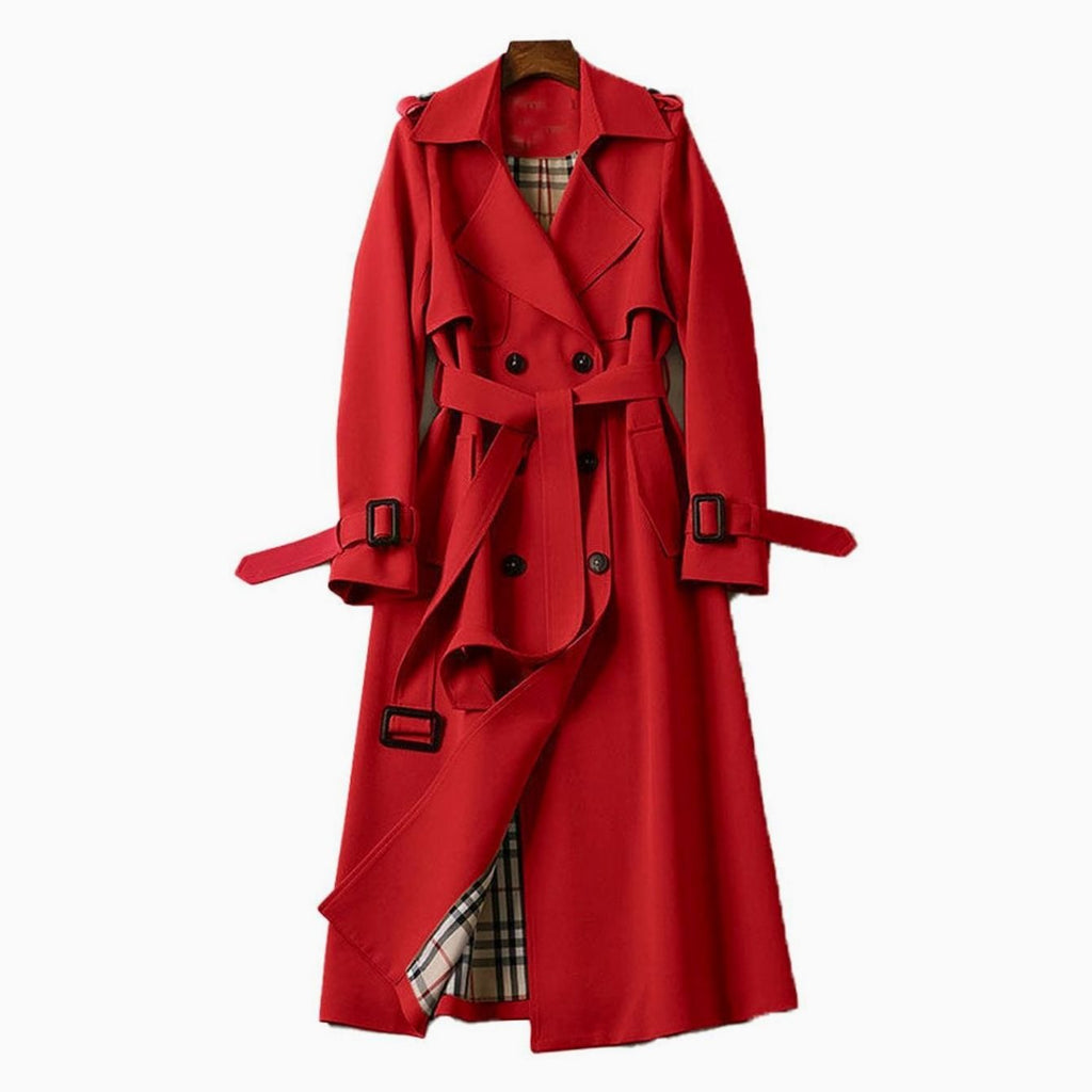 Women's Double-Breasted Belted Long Trench Coat - Red