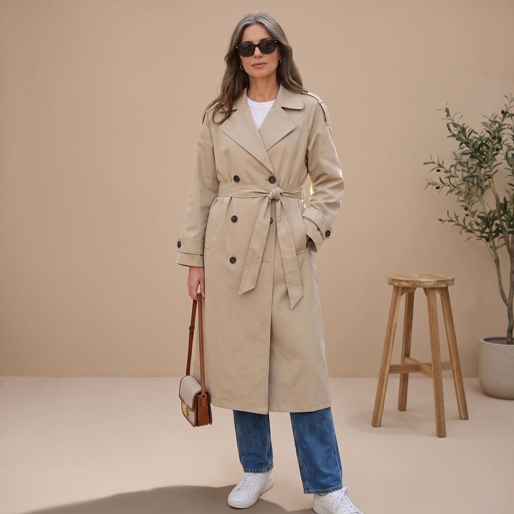 Women's Double-Breasted Belted Long Trench Coat, Beige