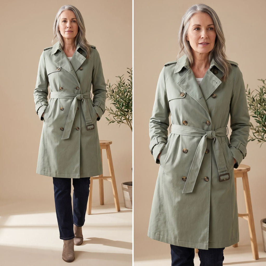 Women's Double-Breasted Belted Long Trench Coat, Beige