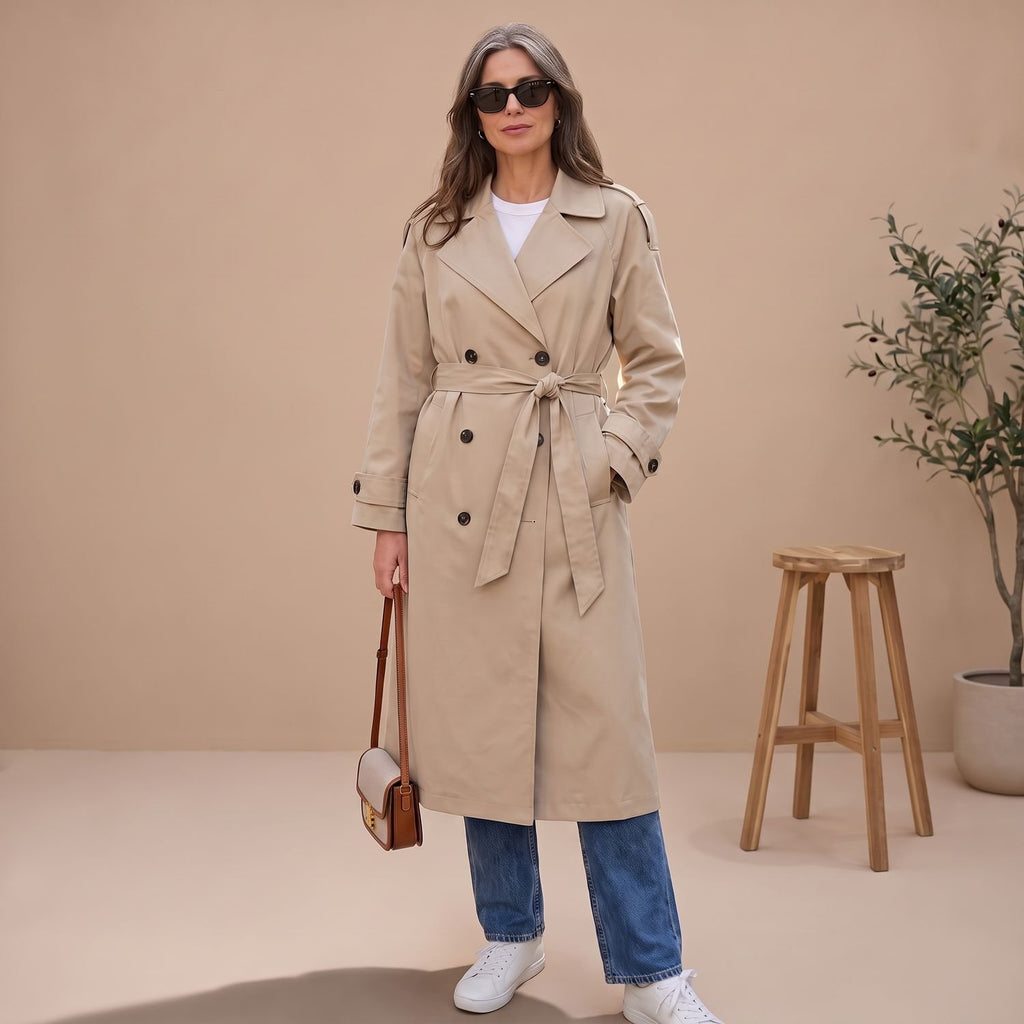 Women's Double-Breasted Belted Long Trench Coat, Beige