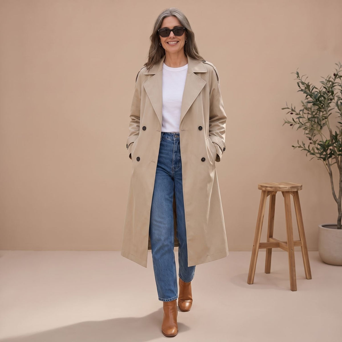 Women's Double-Breasted Belted Long Trench Coat, Beige