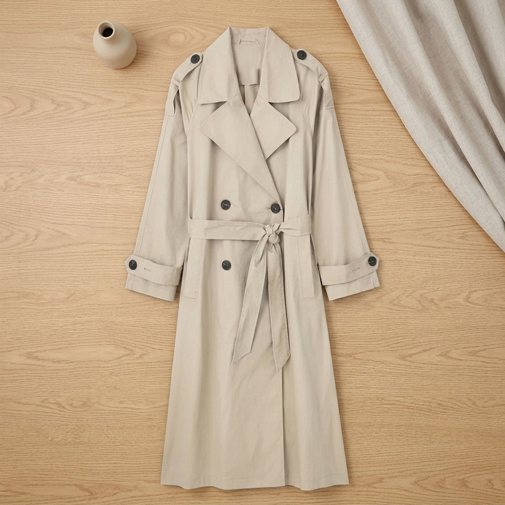 Women's Double-Breasted Belted Long Trench Coat, Beige