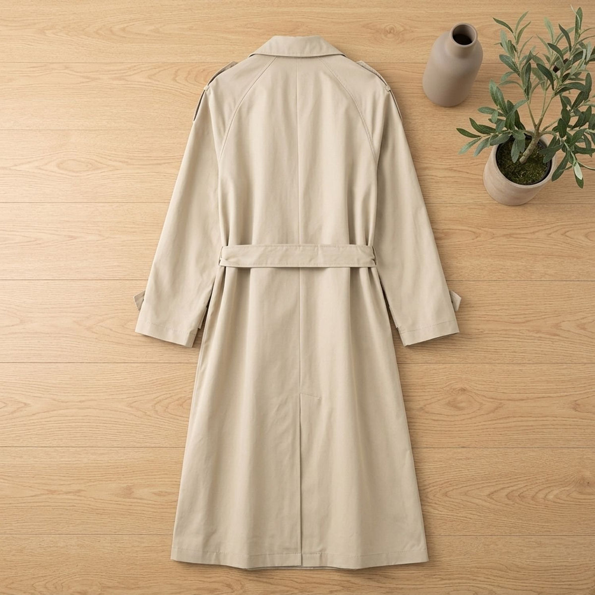 Women's Double-Breasted Belted Long Trench Coat, Beige