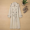 Women's Double-Breasted Belted Long Trench Coat, Beige - Khaki