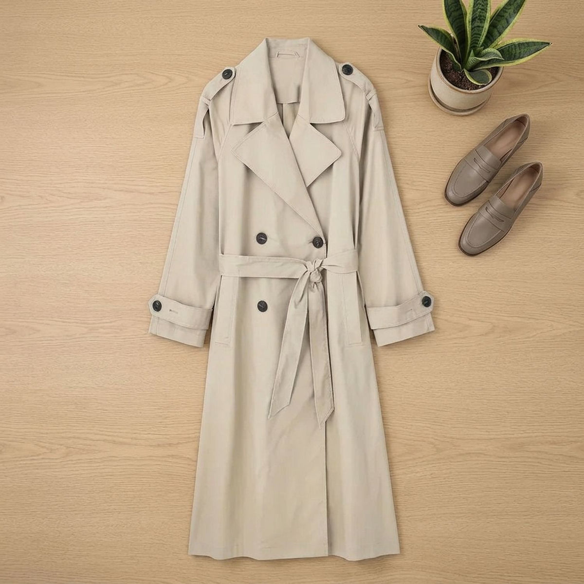 Women's Double-Breasted Belted Long Trench Coat, Beige - Khaki