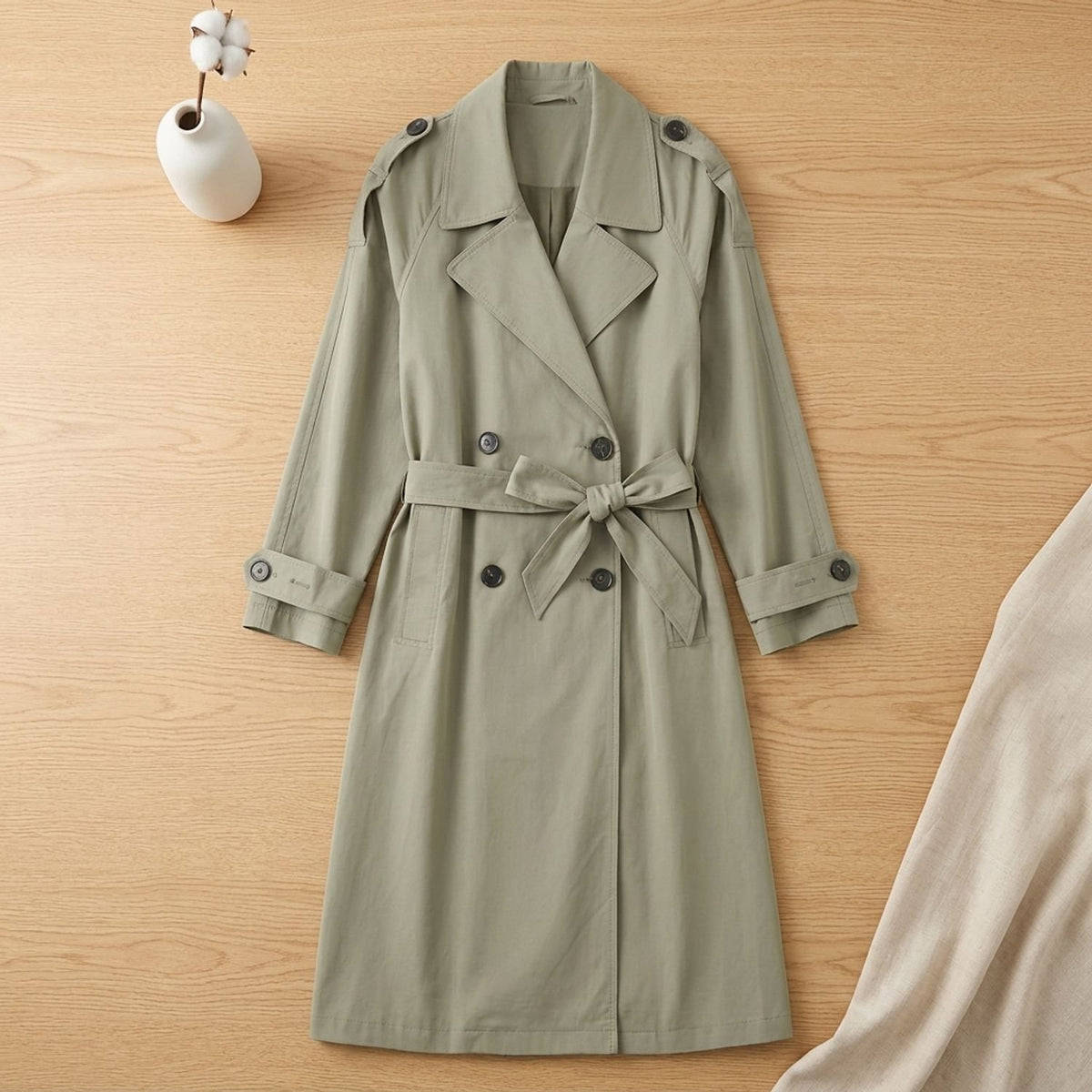 Women's Double-Breasted Belted Long Trench Coat, Beige - Green