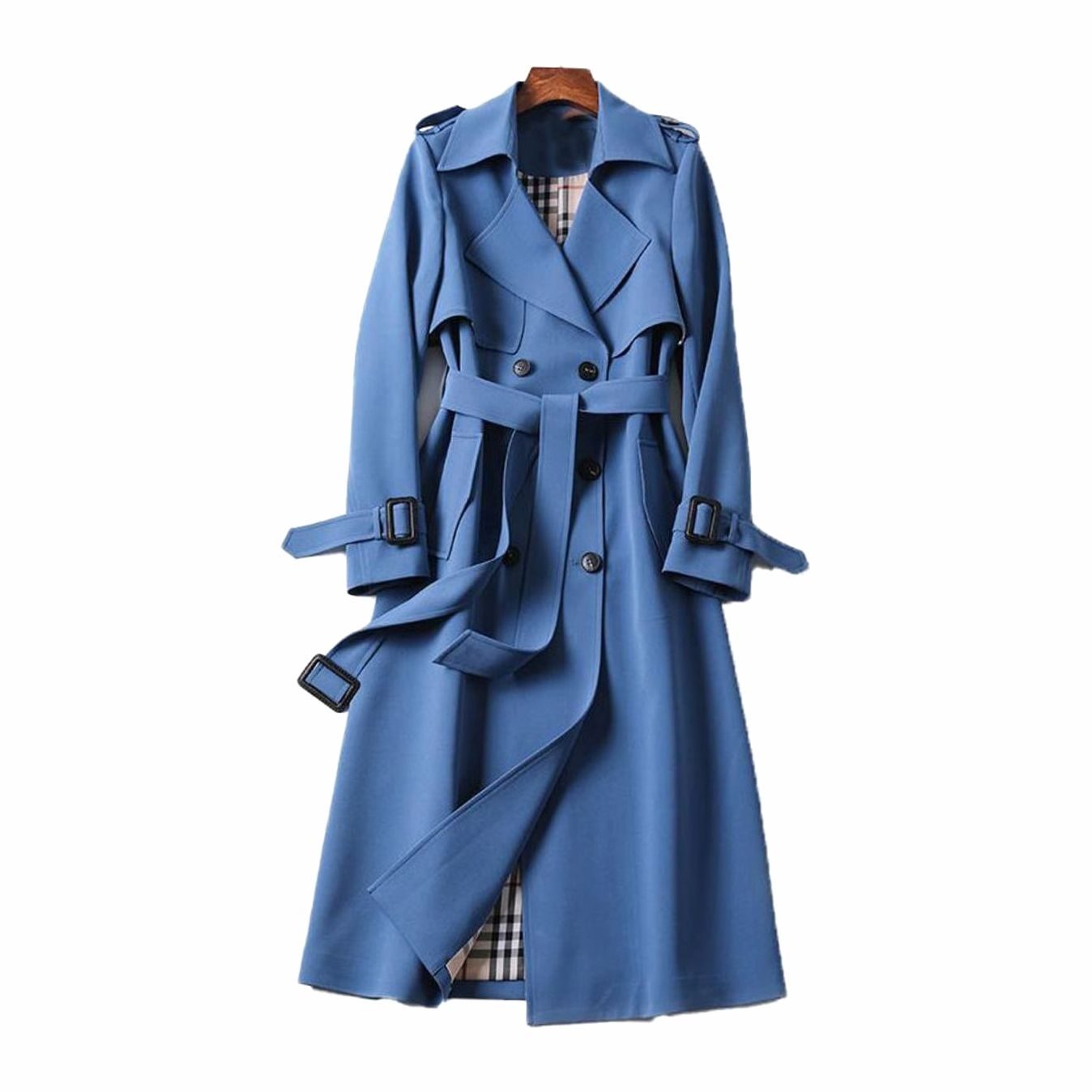 Women's Double-Breasted Belted Longline Trench Coat - Blue