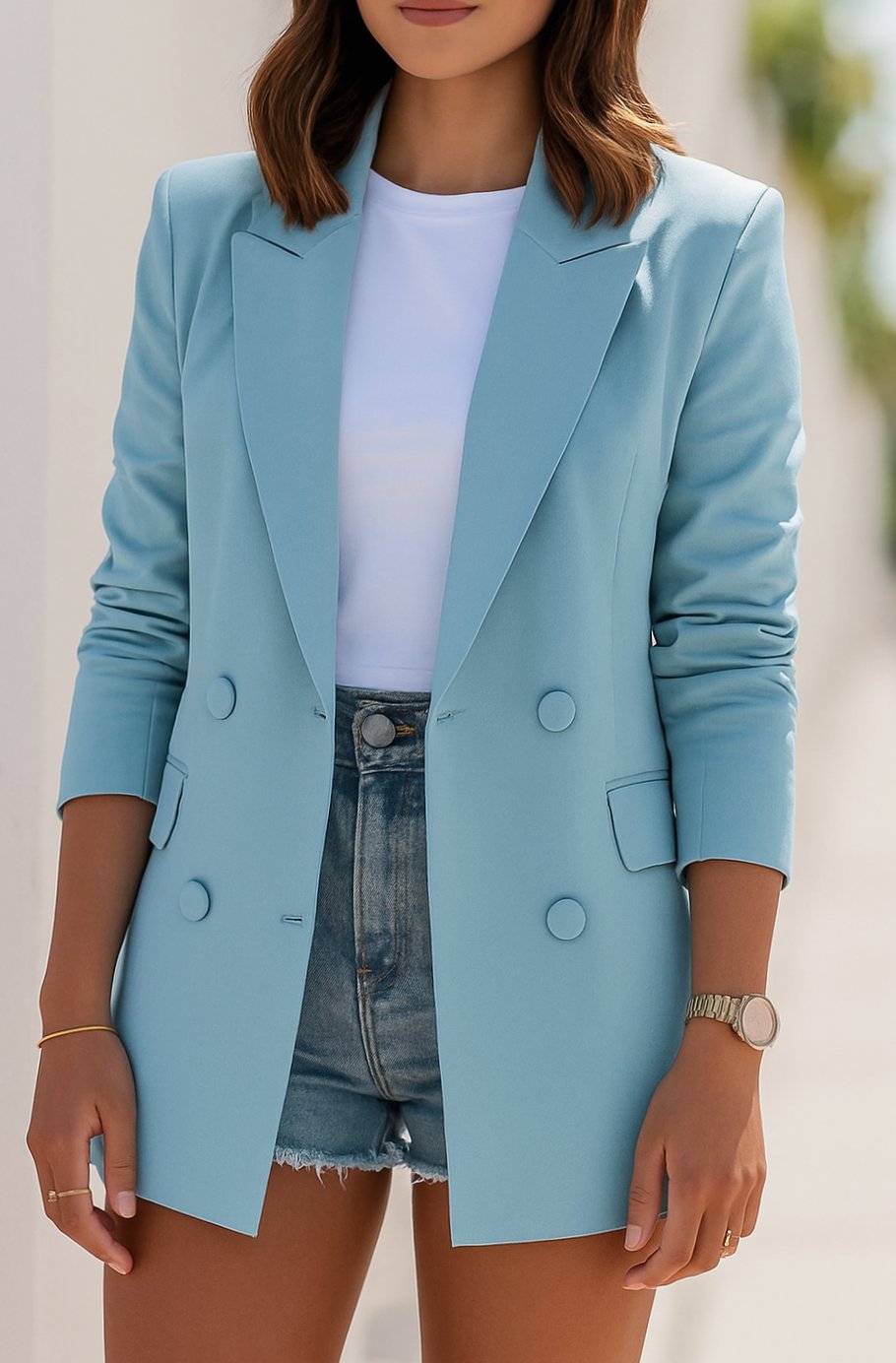 Women's Double-Breasted Longline Tailored Blazer Jacket - Blue