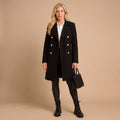 Women's Double-Breasted Longline Wool Coat Lapel Collar - Black