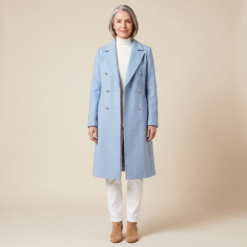 Women's Double-Breasted Longline Wool Coat Lapel Collar - Blue