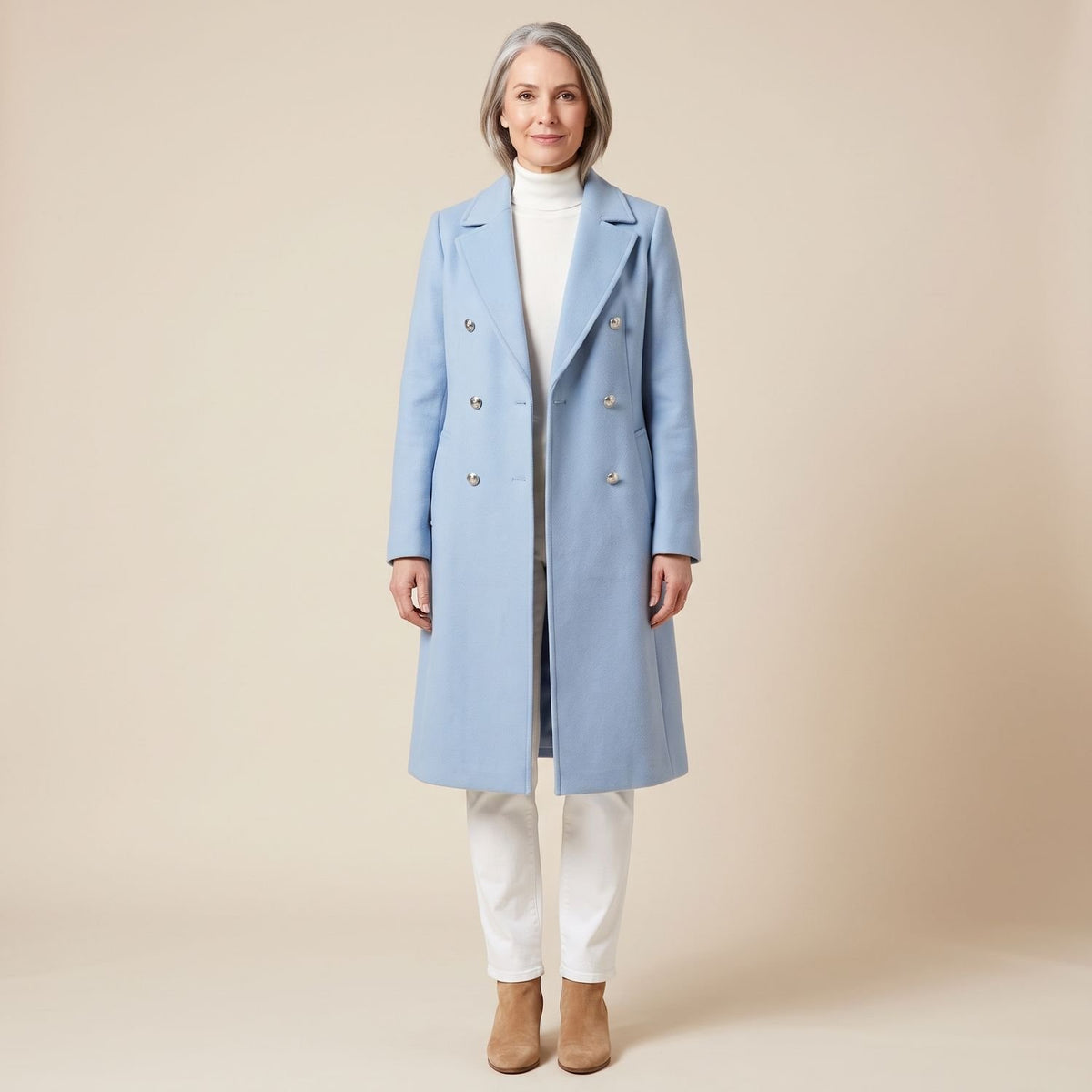 Women's Double-Breasted Longline Wool Coat Lapel Collar - Blue