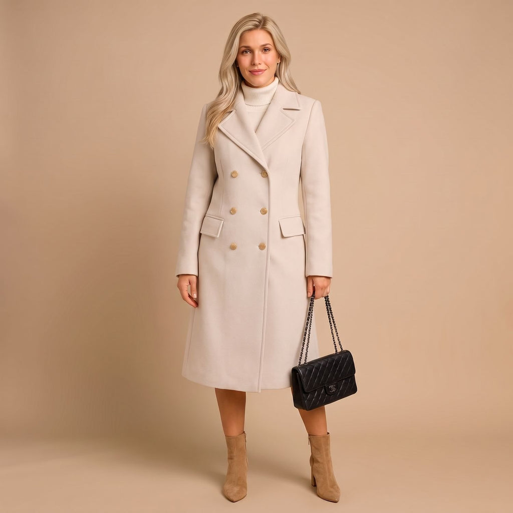 Women's Double-Breasted Longline Wool Coat Lapel Collar - White