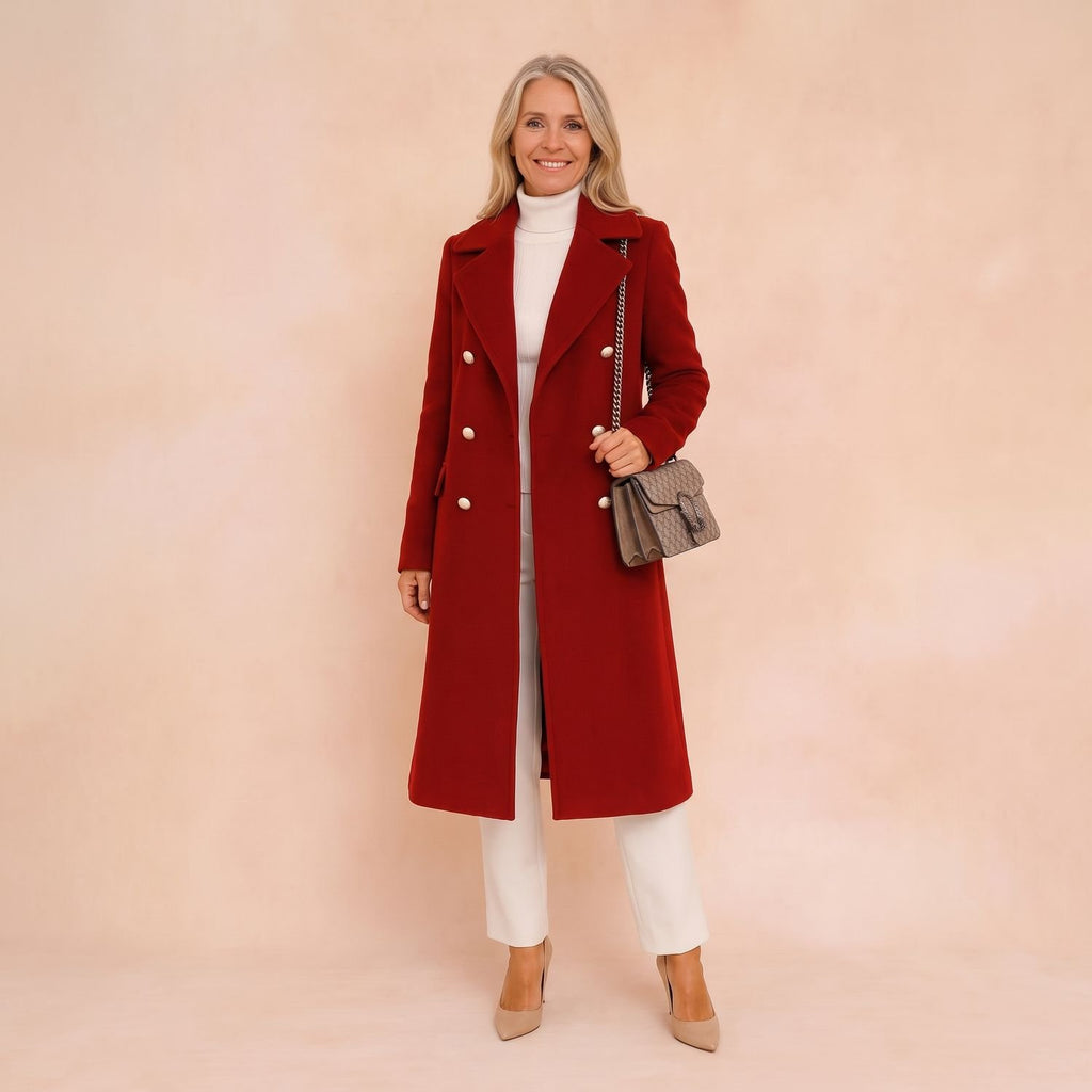 Women's Double-Breasted Longline Wool Coat Lapel Collar - Red