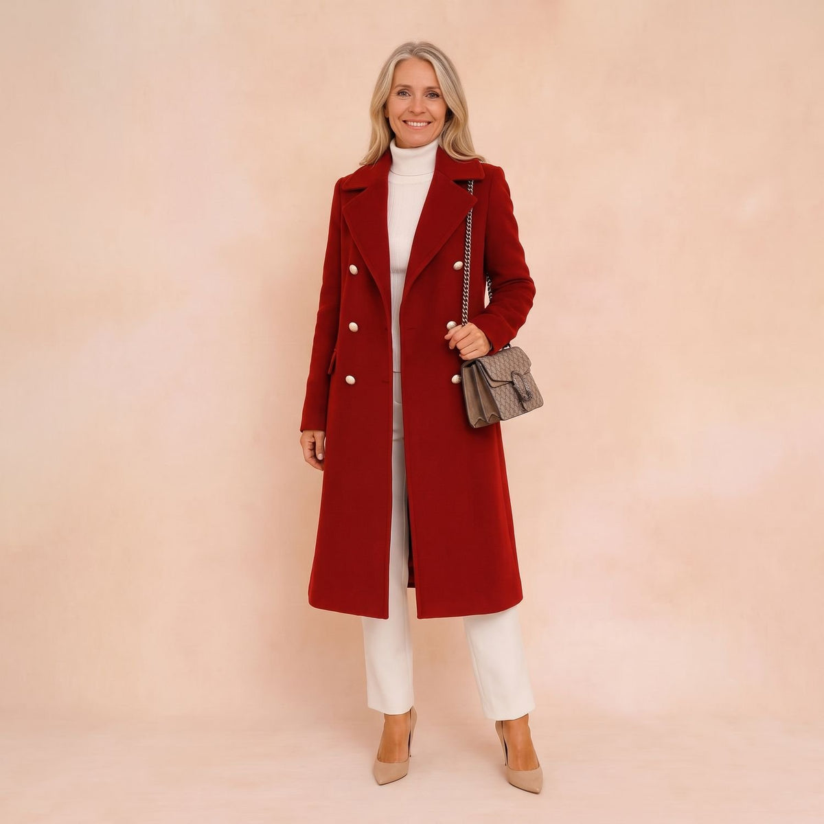 Women's Double-Breasted Longline Wool Coat Lapel Collar - Red