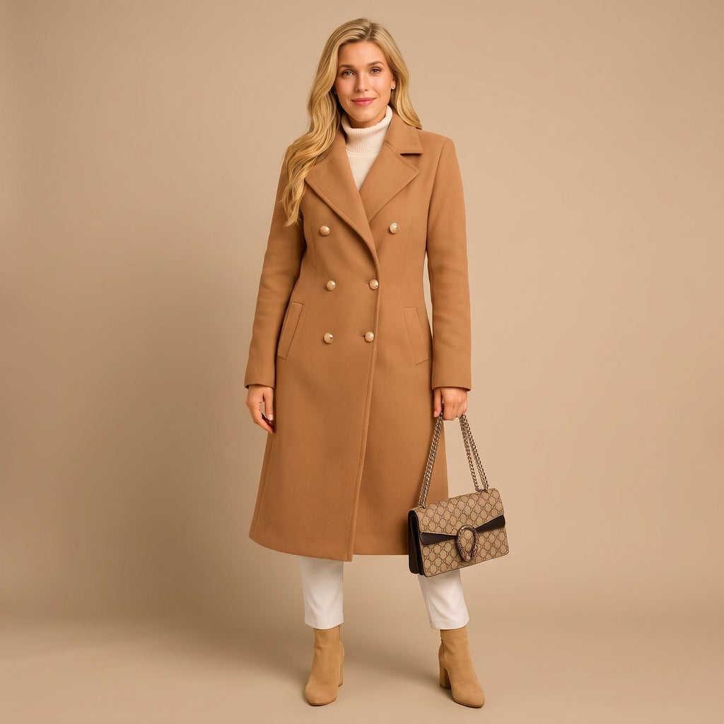 Women's Double-Breasted Longline Wool Coat Lapel Collar - Brown