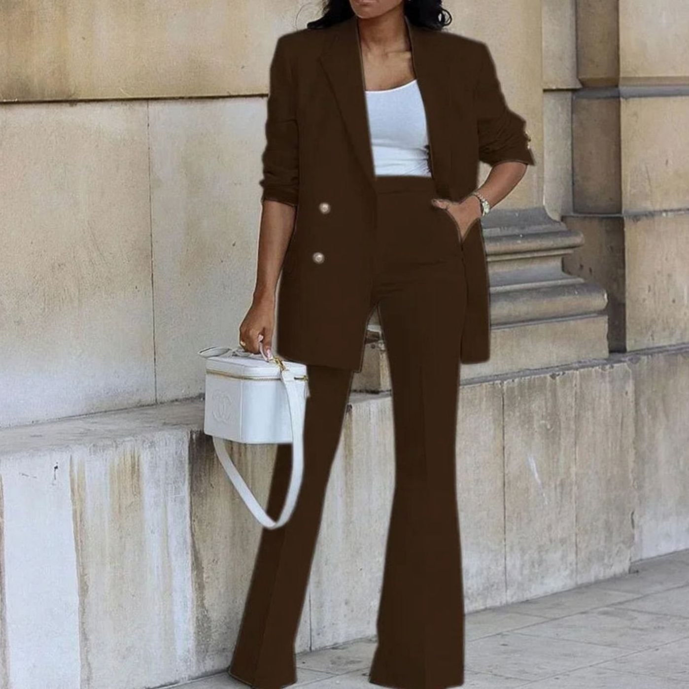 Women's Double-Breasted Tailored Blazer Flared Pants Suit Set - Coffee