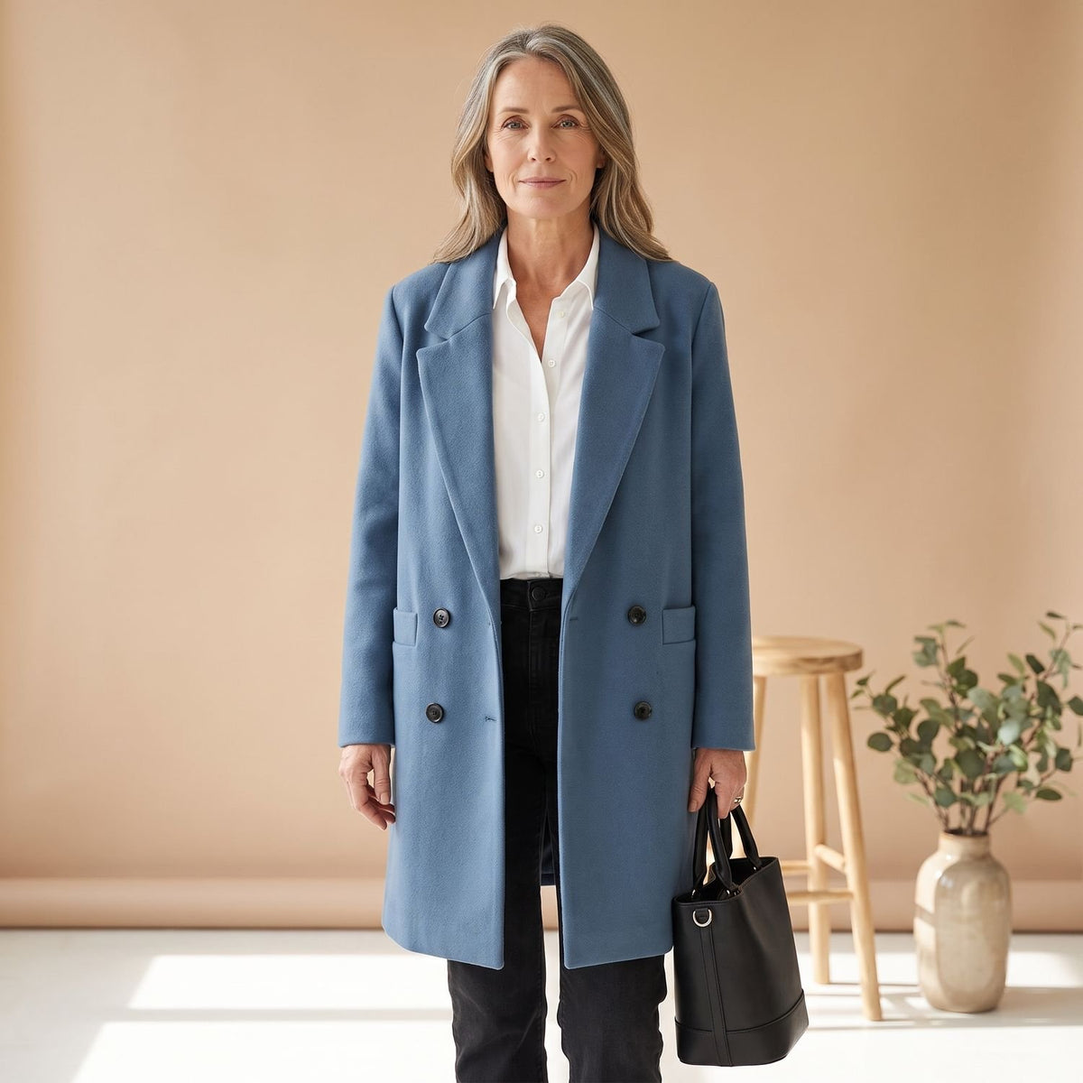Women's Double-Breasted Wool Blend Coat Lapel Collar