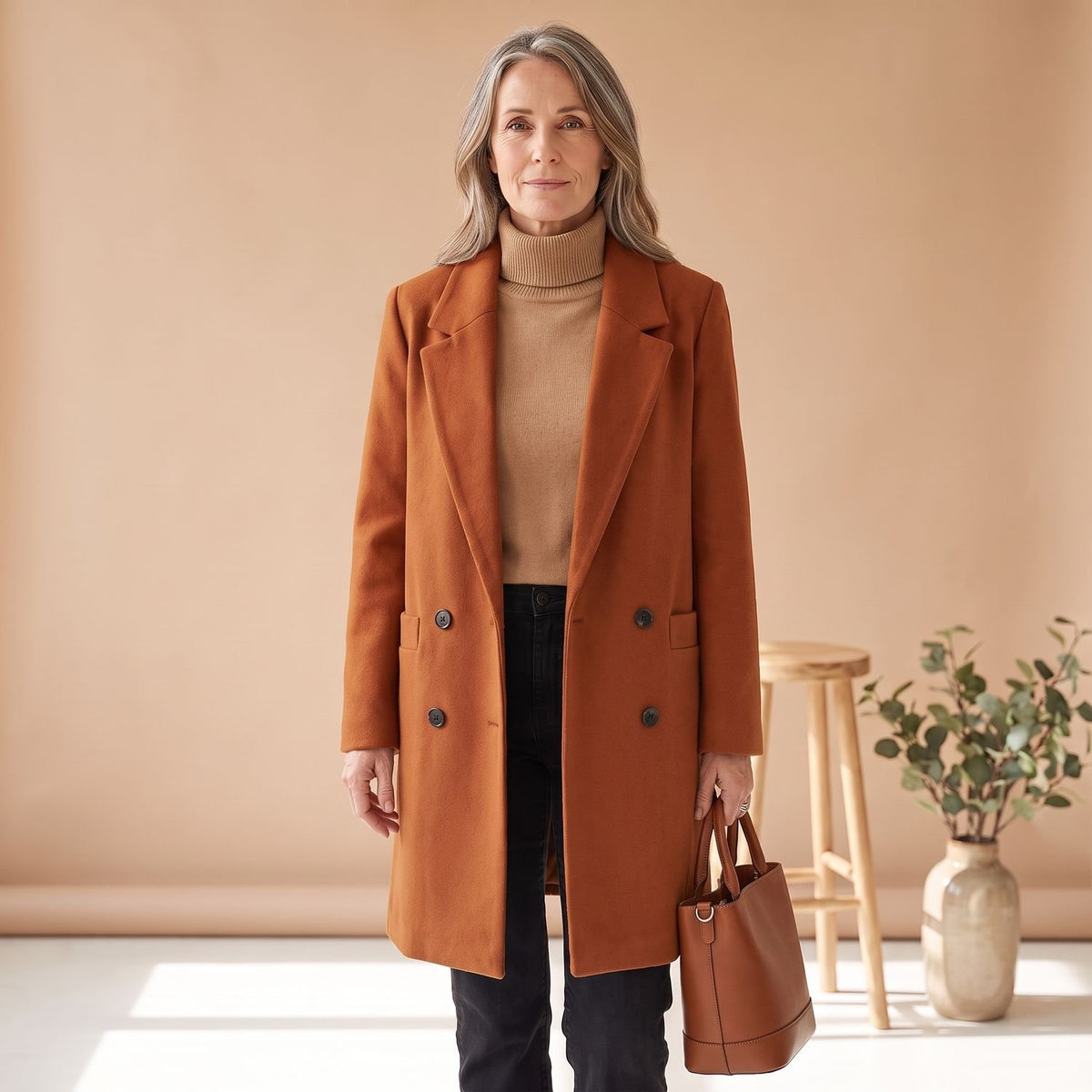 Women's Double-Breasted Wool Blend Coat Lapel Collar
