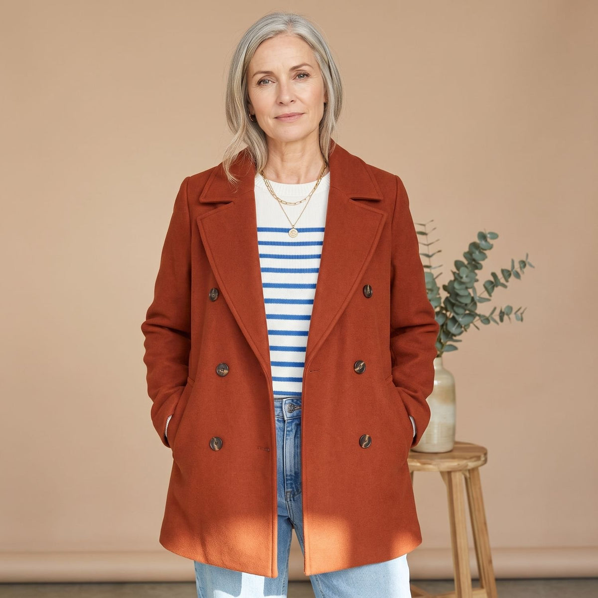 Women's Double-Breasted Wool Blend Coat Lapel Collar