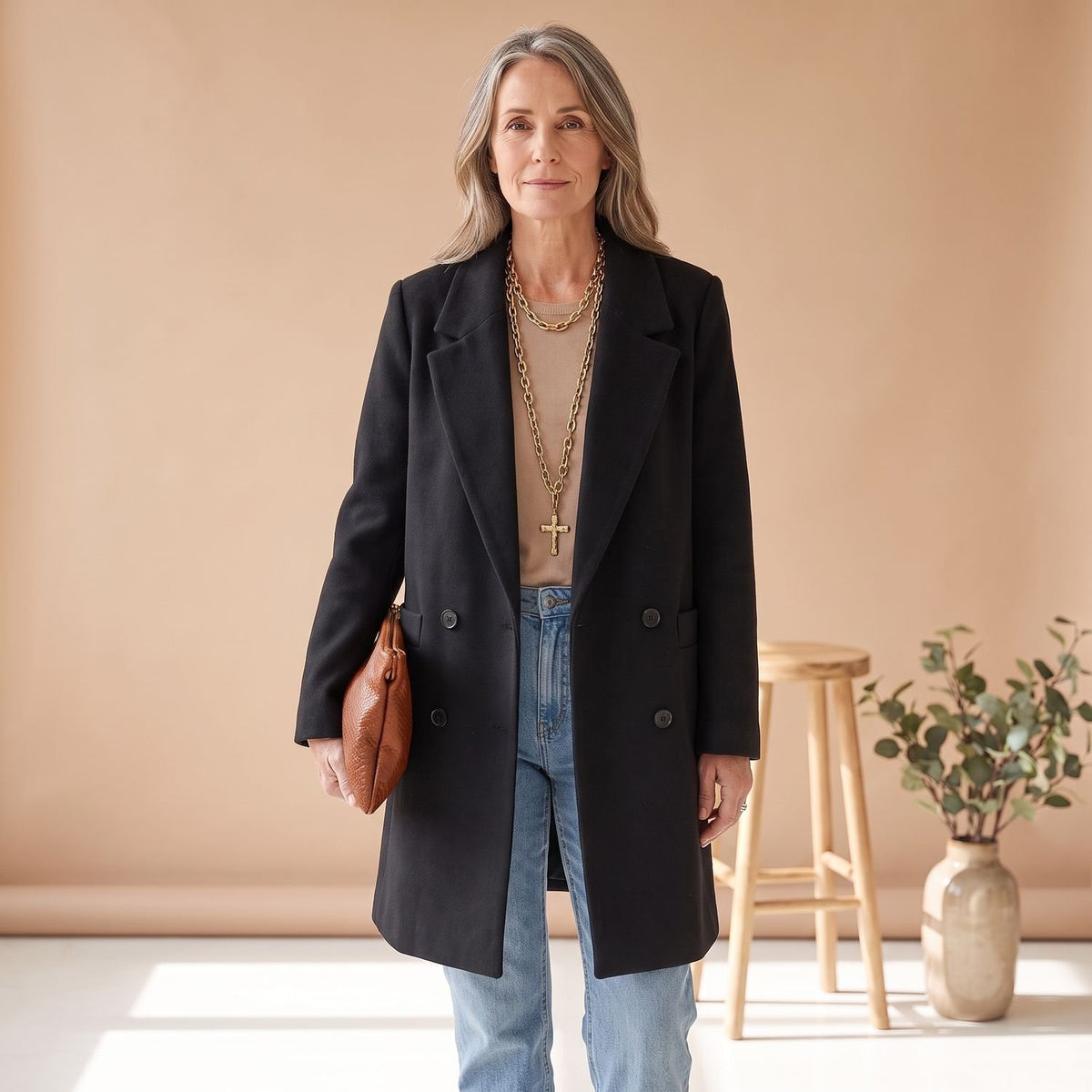 Women's Double-Breasted Wool Blend Coat Lapel Collar