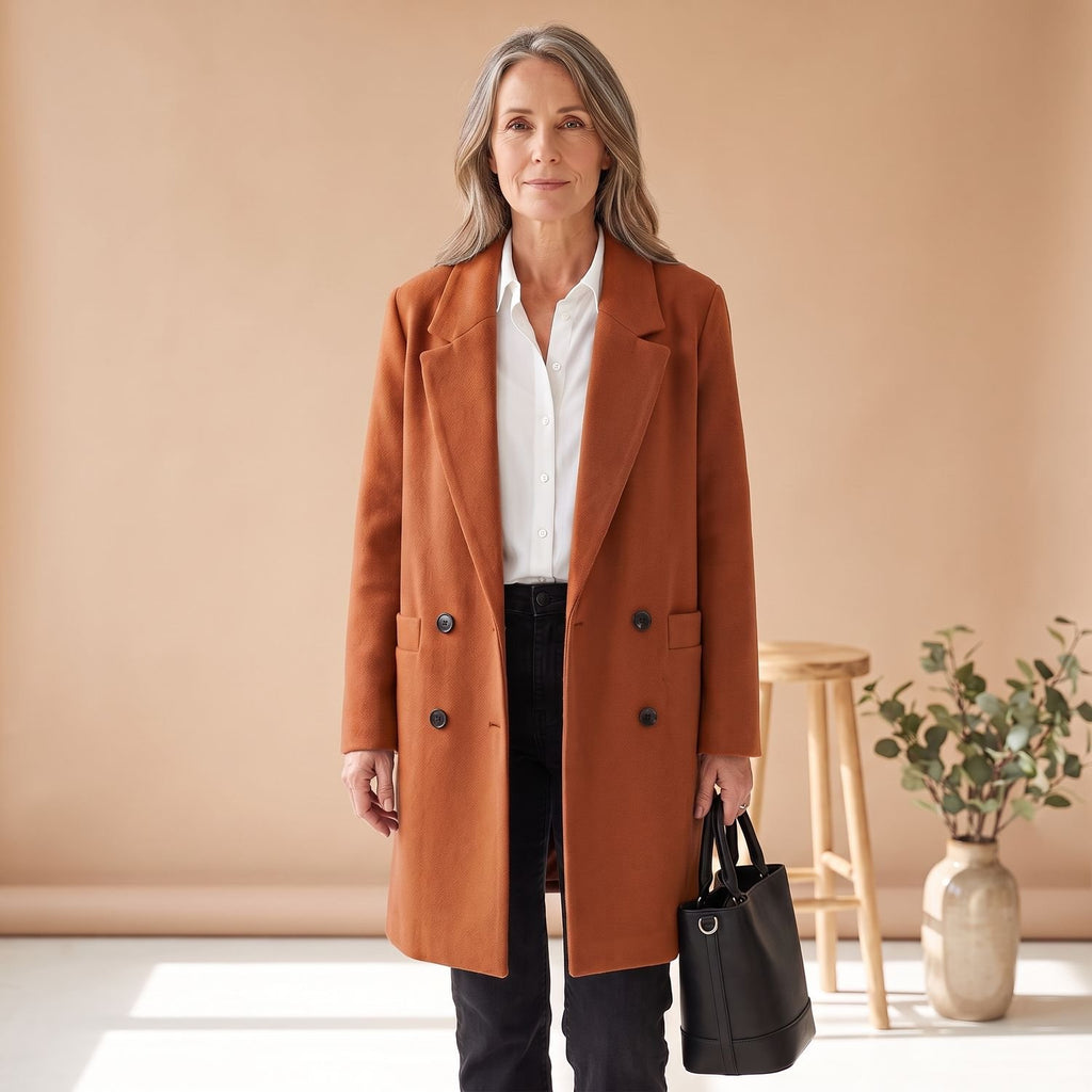 Women's Double-Breasted Wool Blend Coat Lapel Collar - Orange