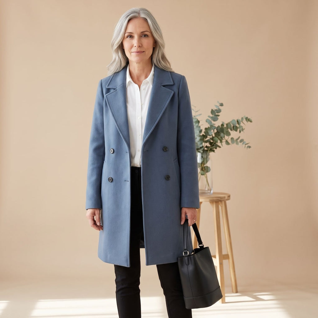 Women's Double-Breasted Wool Blend Coat Lapel Collar - Blue