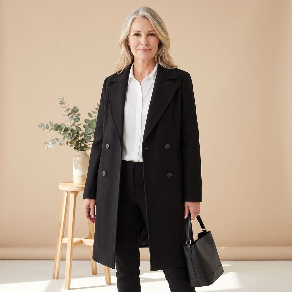 Women's Double-Breasted Wool Blend Coat Lapel Collar - Black