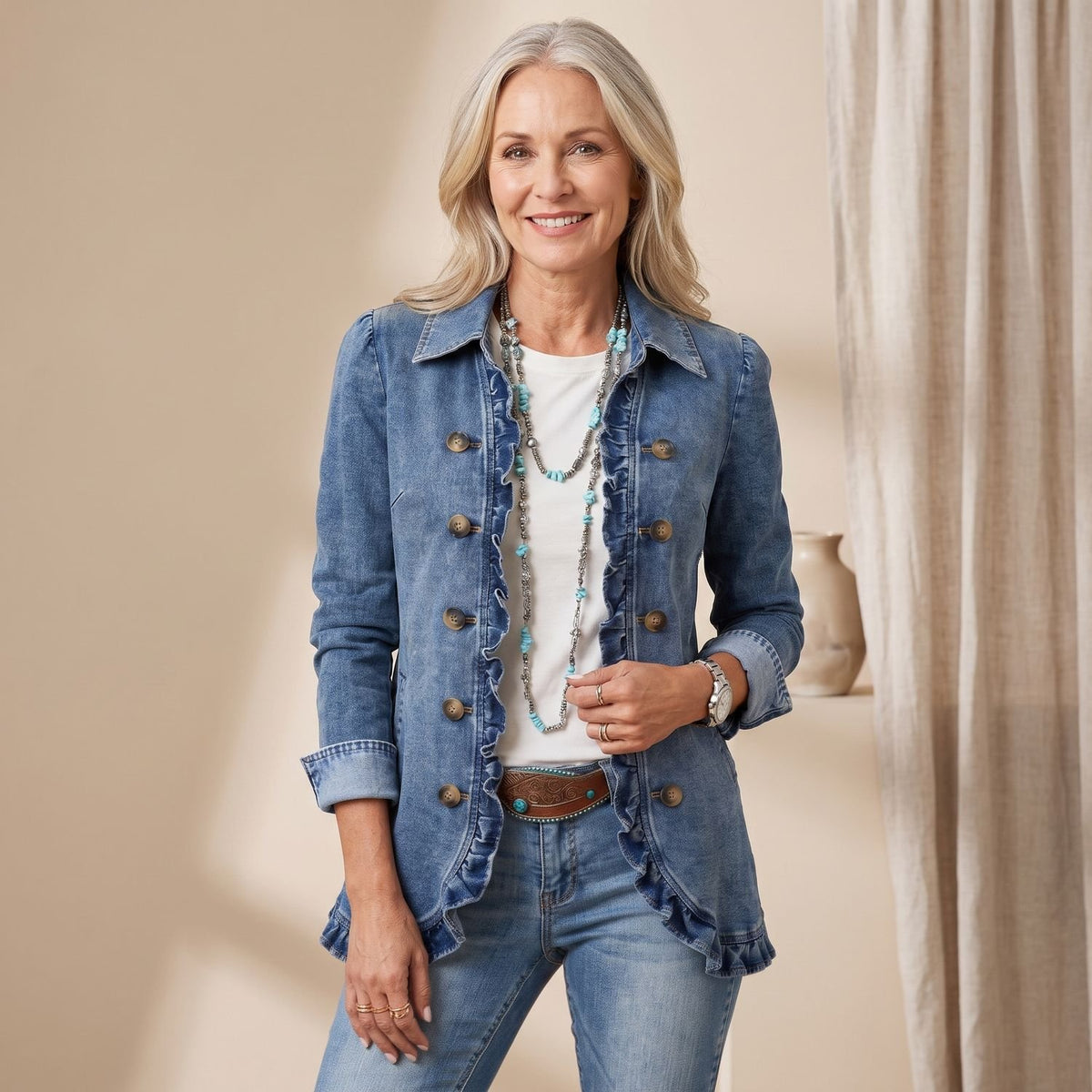 Women's Double-Button Ruffle Trim Denim Tailored Jacket - Medium Blue
