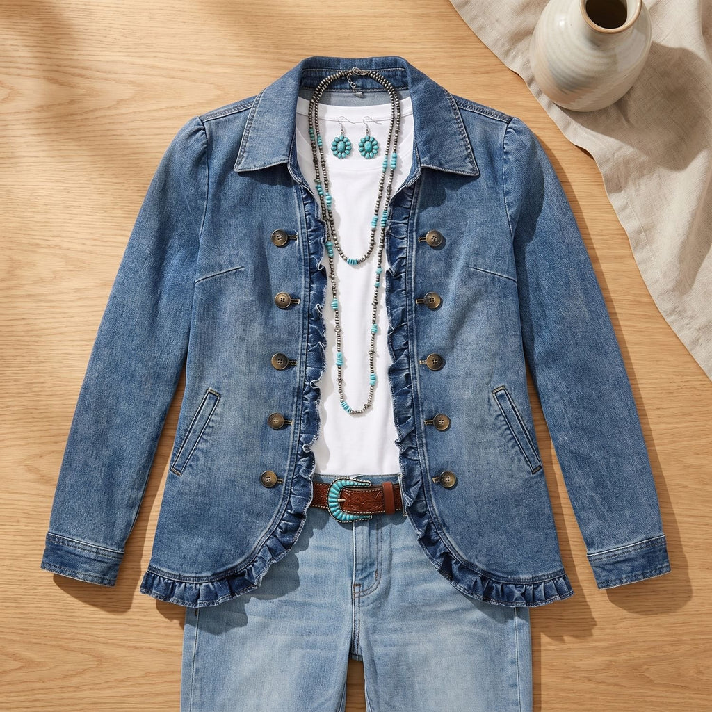 Women's Double-Button Ruffle Trim Denim Tailored Jacket