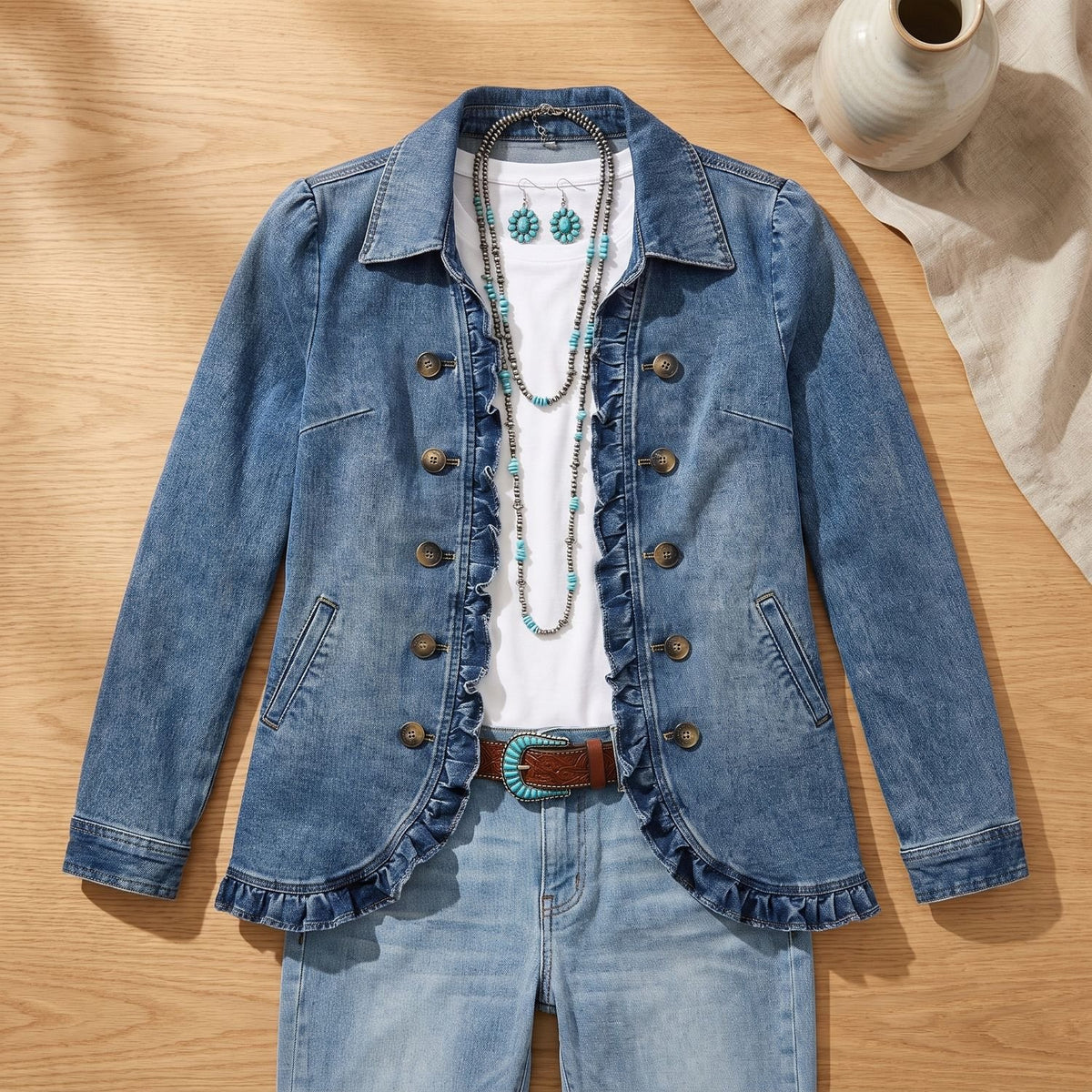 Women's Double-Button Ruffle Trim Denim Tailored Jacket