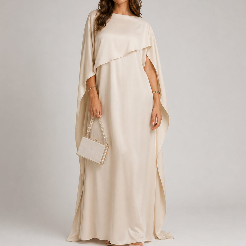Women's Draped Cape Sleeve Maxi Evening Gown - Beige