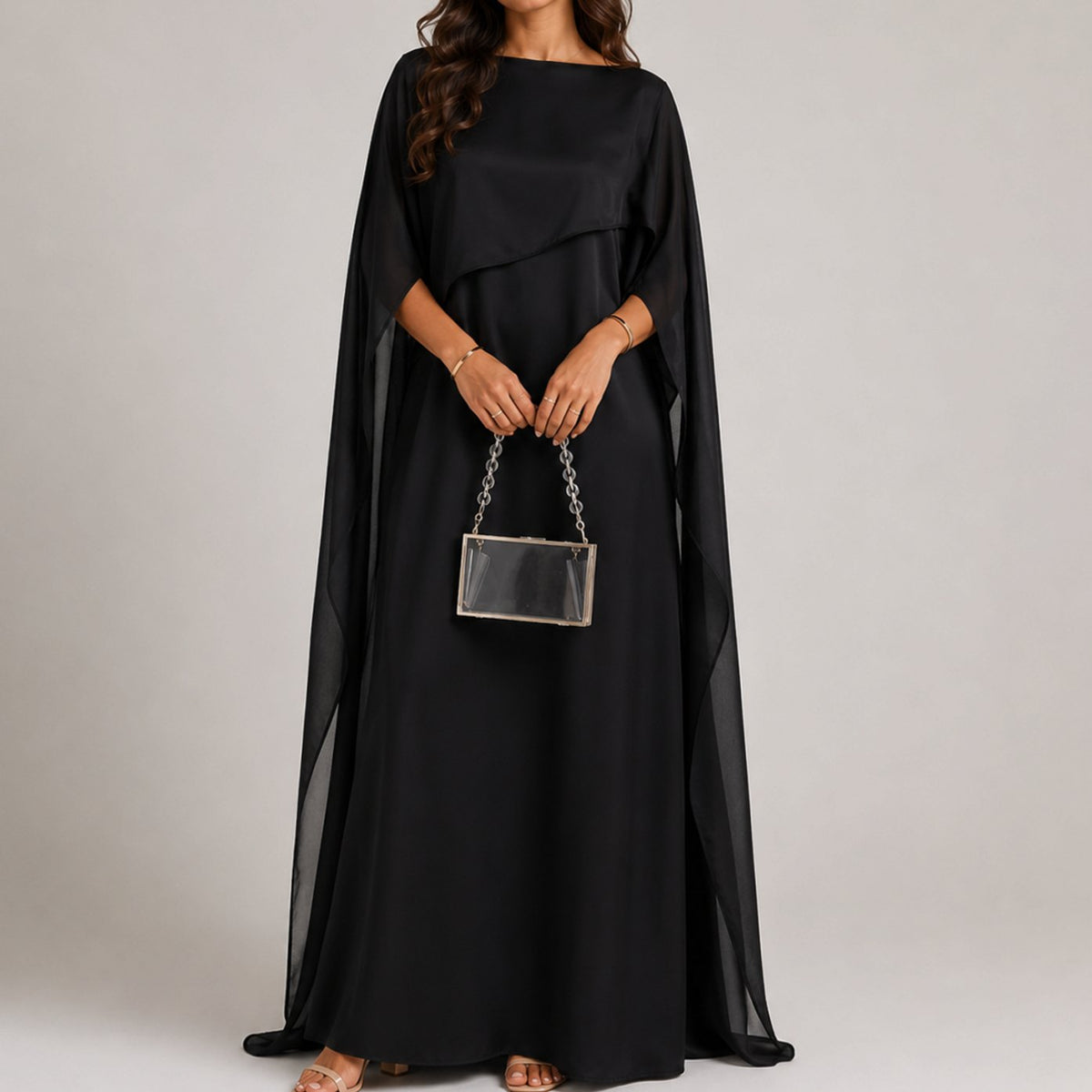 Women's Draped Cape Sleeve Maxi Evening Gown - Black
