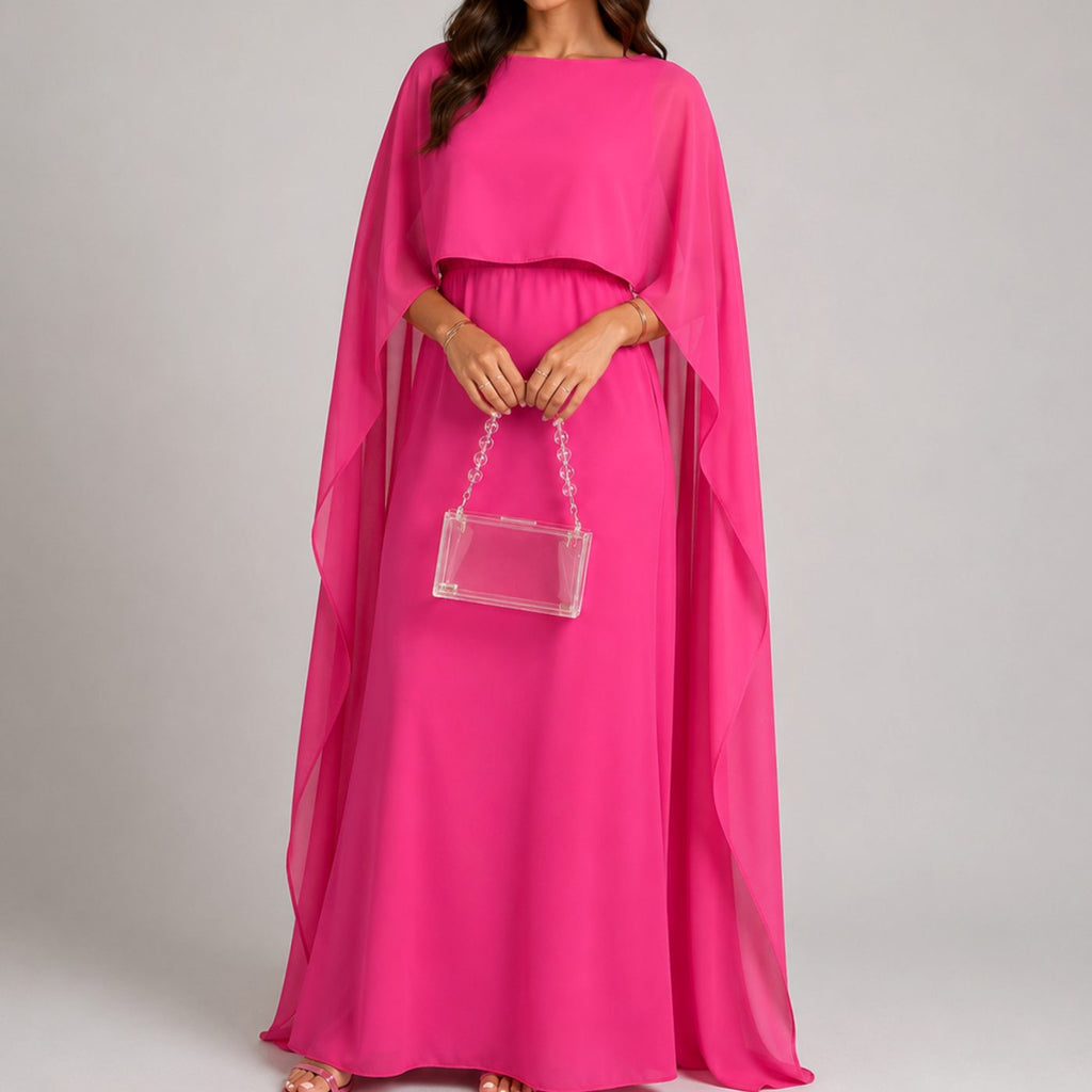 Women's Draped Cape Sleeve Maxi Evening Gown - Pink