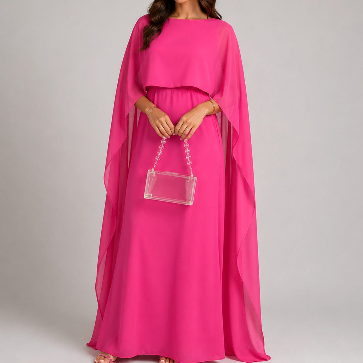 Women's Draped Cape Sleeve Maxi Evening Gown - Pink