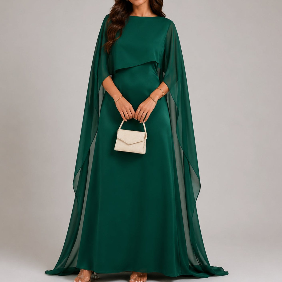 Women's Draped Cape Sleeve Maxi Evening Gown - Green