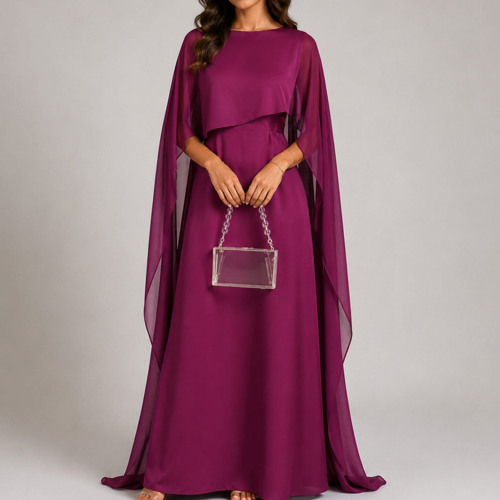 Women's Draped Cape Sleeve Maxi Evening Gown - Purple