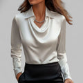 Women's Draped-Neck Long-Sleeve Collared Satin Blouses - White