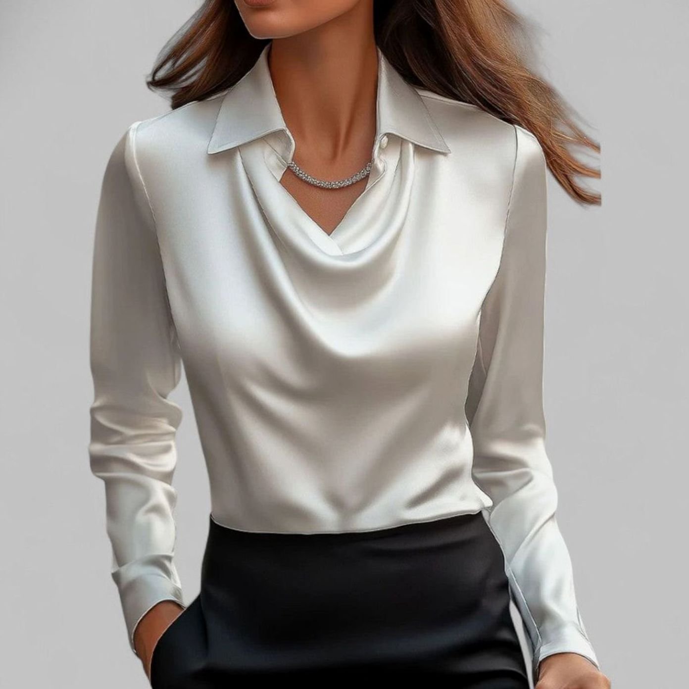Women's Draped-Neck Long-Sleeve Collared Satin Blouses - White
