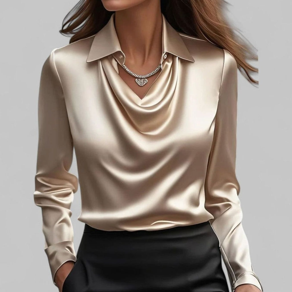 Women's Draped-Neck Long-Sleeve Collared Satin Blouses - Champagne